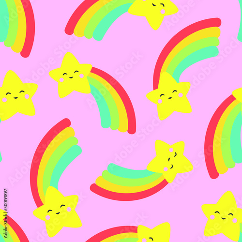 Vector seamless pattern with rainbows and stars in cartoon style