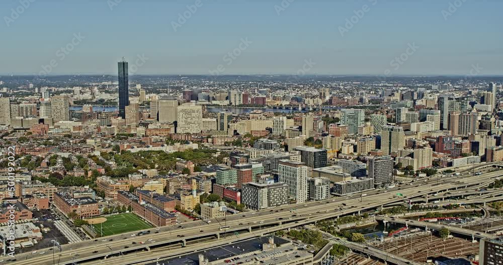 Boston Massachusetts Aerial v284 panoramic panning view across south end, downtown, waterfront neighborhoods with airport in the distance - Shot with Inspire 2, X7 camera - October 2021 Boston Massachusetts Aerial v284 panoramic panning view across south end, downtown, waterfront neighborhoods with airport in the distance - Shot with Inspire 2, X7 camera - October 2021