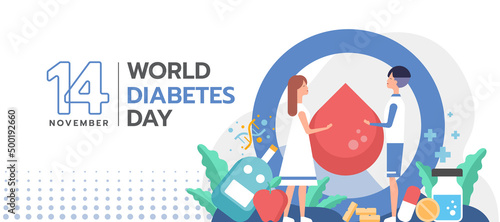 world diabetes day - Men and women help each other to lift a drop of blood in a blue circle and drugs related to diabetes around vector design