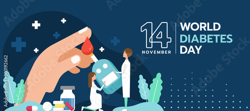 world diabetes day - doctors to check Glucose in drop blood from big finger hand and have pills, cross sign around vector design