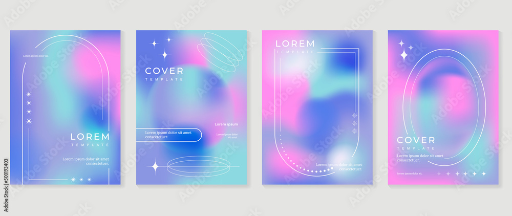 Abstract colorful gradient cover template. Set of poster design with hologram color, dynamic graphic, circle shape, dot pattern. Collection modern banners for flyer, business, ads, decoration, card.