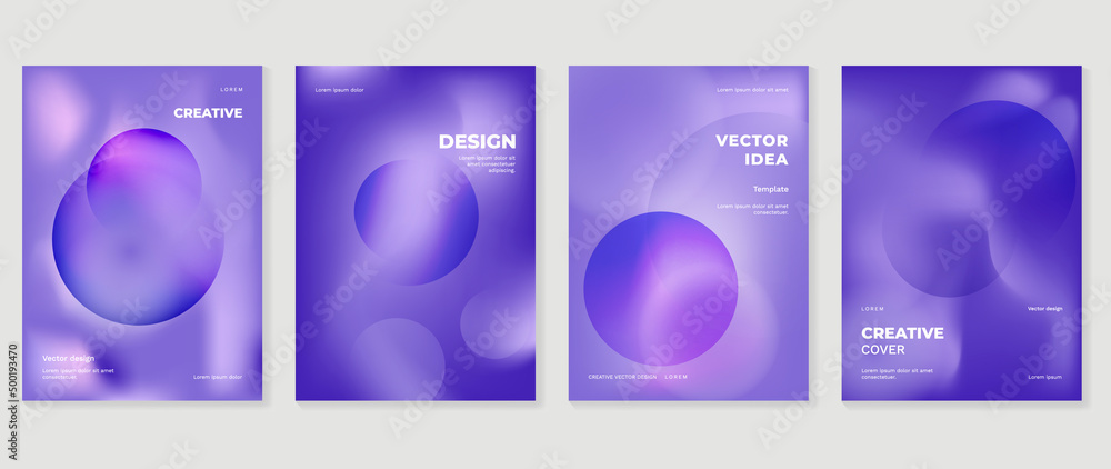 Abstract purple gradient cover template. Set of poster design with hologram color, dynamic graphic, circle shapes, bubbles. Collection modern banners for flyer, business, ads, decoration, card.