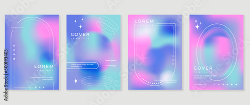 Abstract colorful gradient cover template. Set of poster design with hologram color, dynamic graphic, circle shape, dot pattern. Collection modern banners for flyer, business, ads, decoration, card.