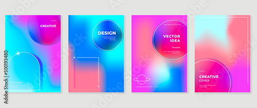Abstract colorful gradient cover template. Set of poster design with hologram color, dynamic graphic, circle shape, dot pattern. Collection modern banners for flyer, business, ads, decoration, card.