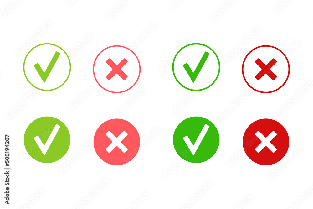Green tick and red cross symbols, signs. Collection of check mark and X mark icons isolated. Checkmark icon set. Right and wrong signs, icons for rejection, acceptance, accept, cancel. Green tick and red cross symbols, signs. Collection of check mark and X mark icons isolated. Checkmark icon set. Right and wrong signs, icons for rejection, acceptance, accept, cancel.