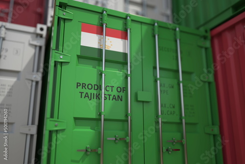 Many cargo container with products of Tajikistan and printed national flag. Export or import related 3D rendering © Alexey Novikov