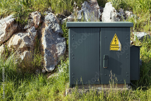 Electric panel on the street.High voltage High voltage danger sign