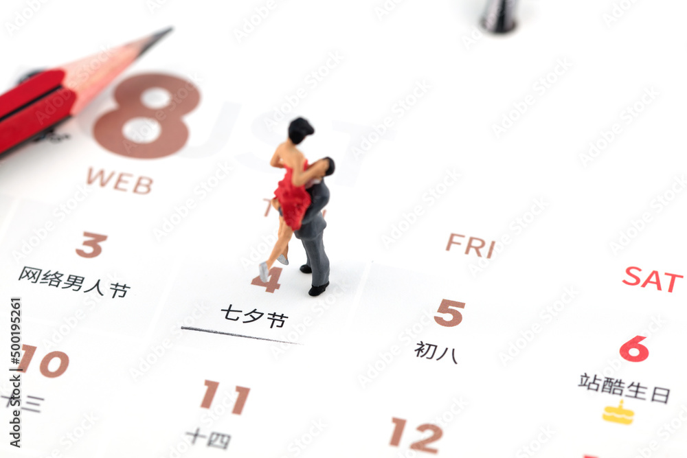 Miniature creative desk calendar on date Tanabata festival and couple Miniature creative desk calendar on date Tanabata festival and couple
