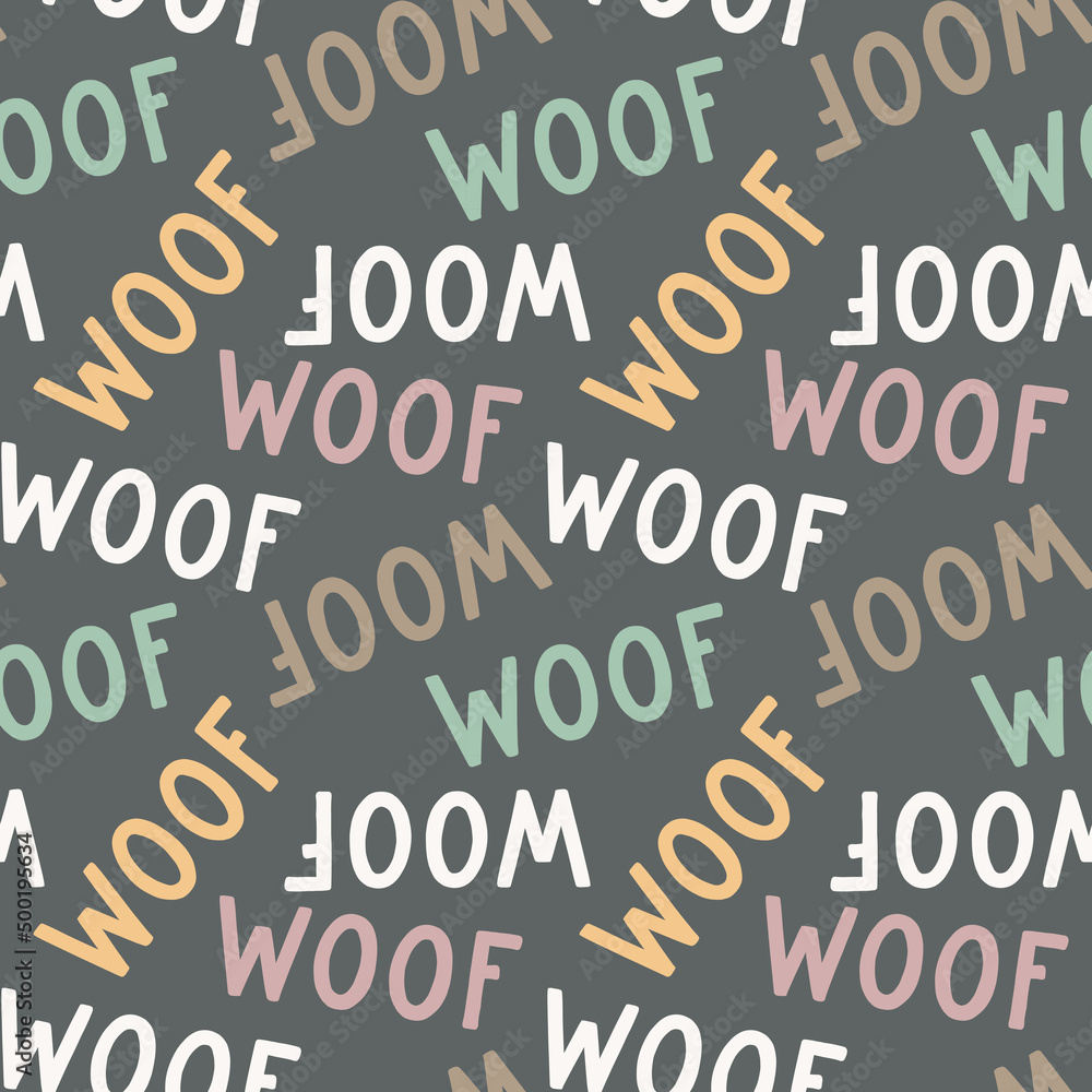 Sweet cute seamless repeat dog puppy pet animal vector pattern on pastel dark background. Woof colourful letters.