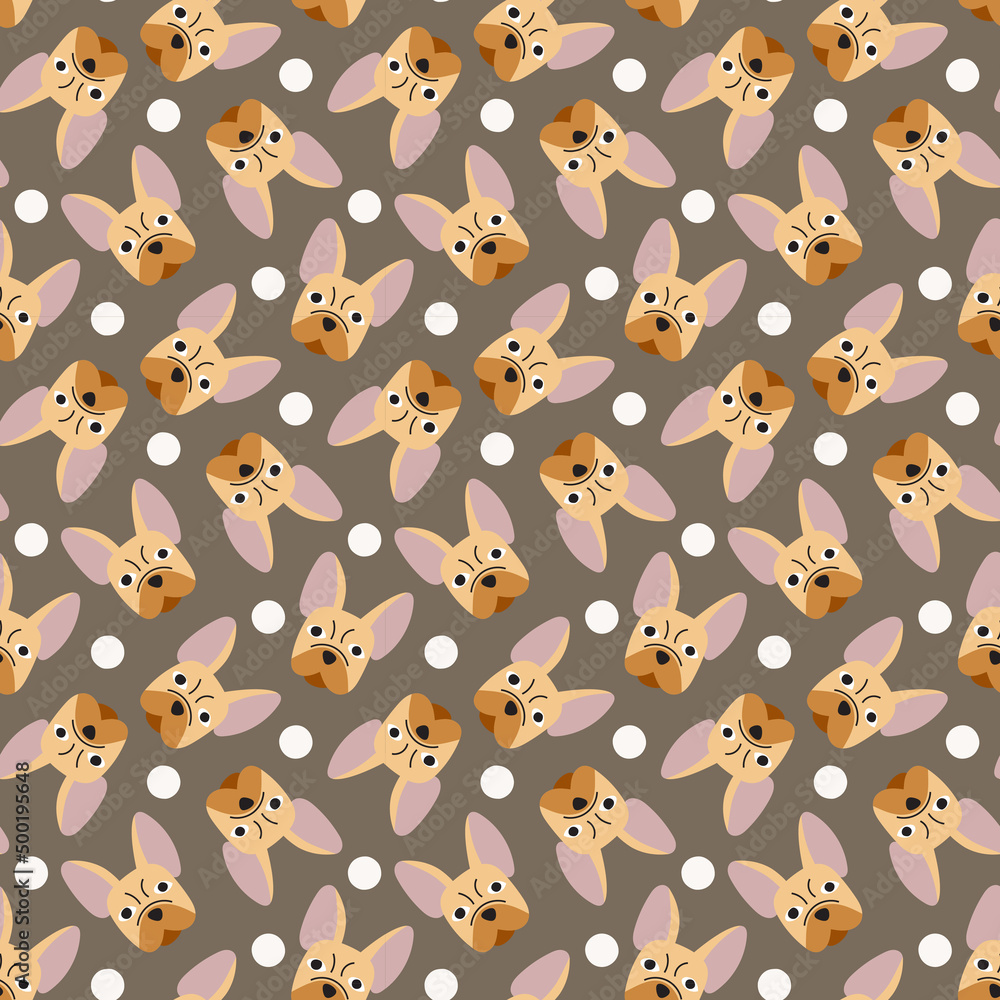 Sweet cute seamless repeat bulldog dog puppy pet animal vector pattern on pastel background. Cute bulldog faces. Sweet cute seamless repeat bulldog dog puppy pet animal vector pattern on pastel background. Cute bulldog faces.
