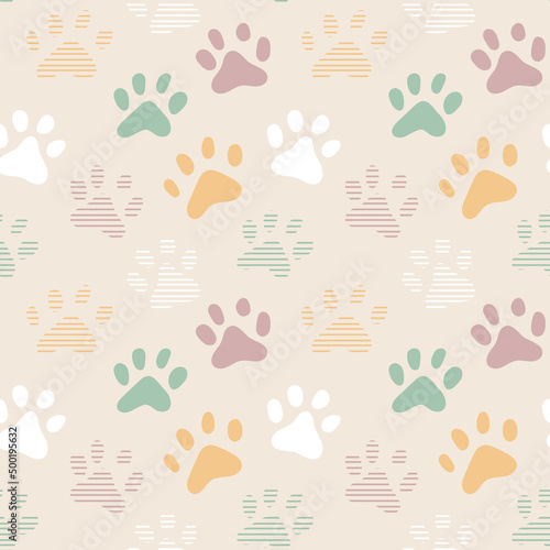 Sweet cute seamless repeat dog puppy pet animal vector pattern on pastel beige background. Colourful paws.