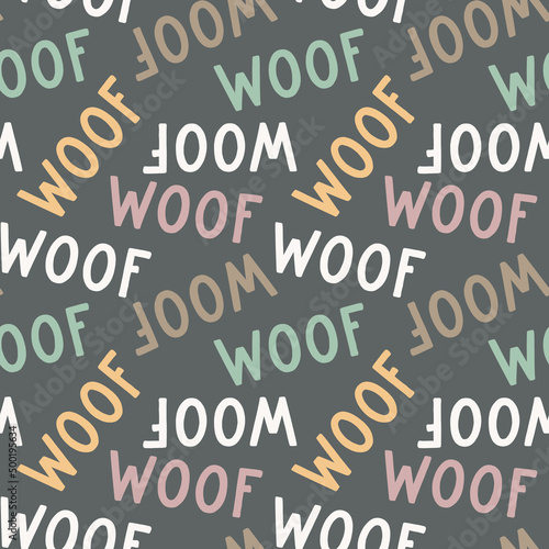 Sweet cute seamless repeat dog puppy pet animal vector pattern on pastel dark background. Woof colourful letters. photo