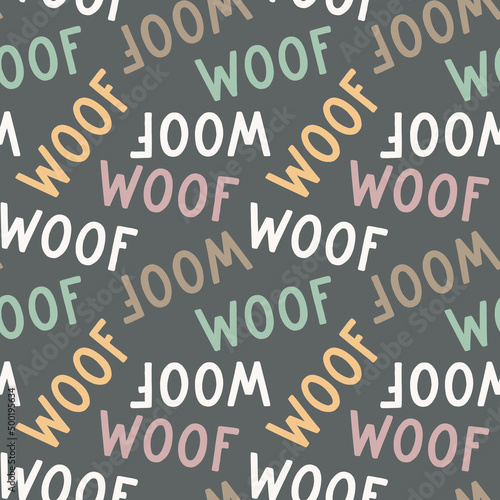 Sweet cute seamless repeat dog puppy pet animal vector pattern on pastel dark background. Woof colourful letters.