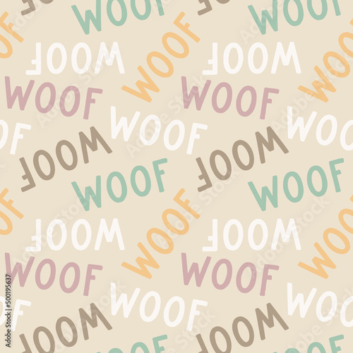 Sweet cute seamless repeat dog puppy pet animal vector pattern on pastel beige background. Woof colourful letters.