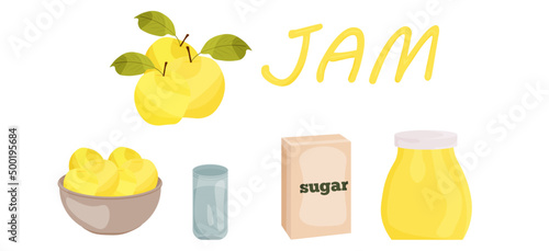 Vector jam of yellow apples.  Ingredients for apple jam.  Jam recipe