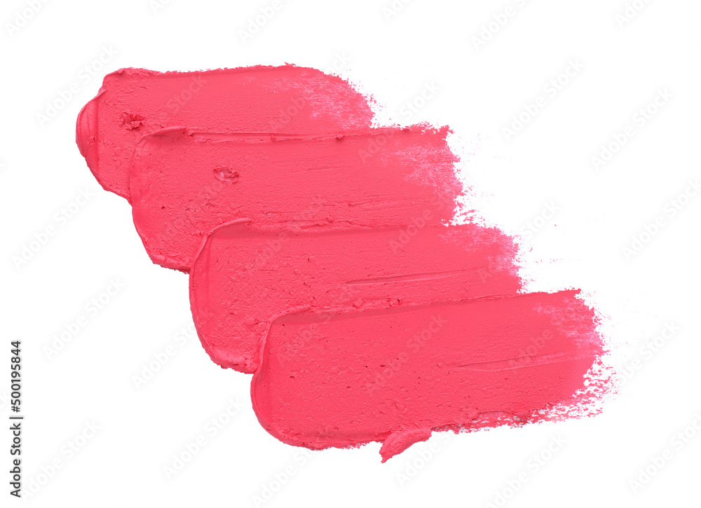 Smears of bright pink lipstick on white background