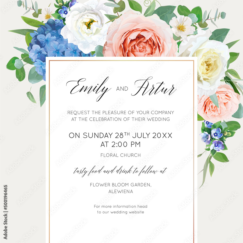 Elegant floral wedding invite, invitation, save the date card template design. Blue hydrangea flower, blush, yellow roses, white eustoma, eucalyptus branch, greenery leaves bouquet vector illustration