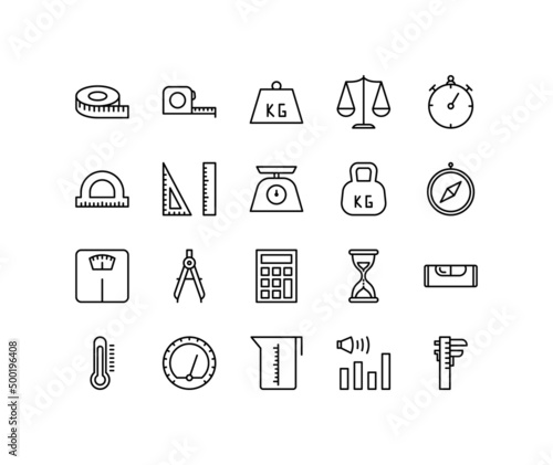 Measurements flat line icons set. Contains such icons stopwatch, scales, draw compass, ruler, measuring tape, sand clock, thermometer. Simple flat vector illustration for web site or mobile app