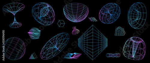 Collection of futuristic cyberpunk style elements. Geometric wireframe of circle, earth, distortion, grid with gradient color. Retro graphic design perfect for decoration, business, cover, poster.