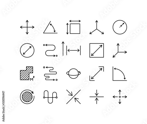 Measure symbols flat line icons set. Contains such icons as Radius, Diameter, Depth, Axis, Area and more. Simple flat vector illustration for web site or mobile app