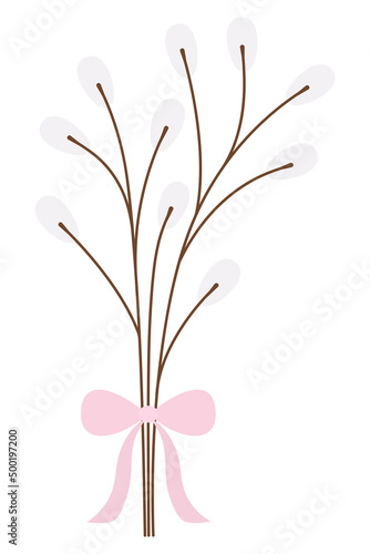 Willow. Tree branches are tied with a pink bow. Bouquet of fluffy plants. Color vector illustration. Flat style. Happy Easter. Herald of spring. Outline on isolated background. Idea for web design