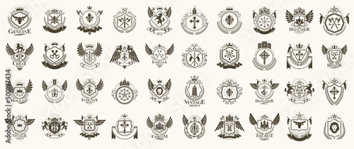 Vintage heraldic emblems vector big set, antique heraldry symbolic badges and awards collection, classic style design elements, family emblems.