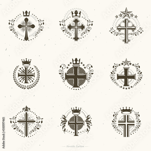 Christian Crosses emblems set. Heraldic Coat of Arms decorative logos isolated vector illustrations collection.