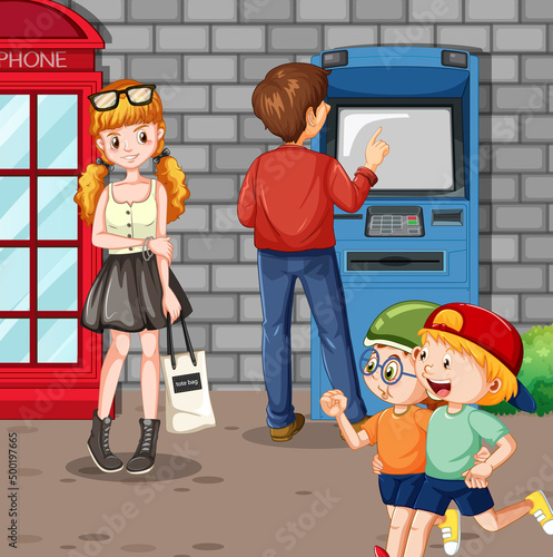 ATM machine street scene with people