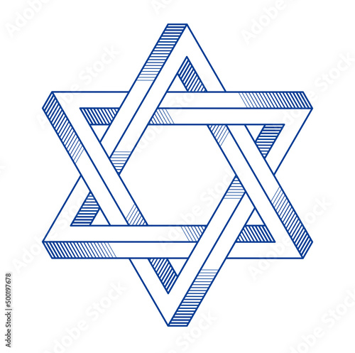 Jewish hexagonal star sacred geometry religion symbol created from two dimensional triangles impossible shapes, vector logo or emblem design element.