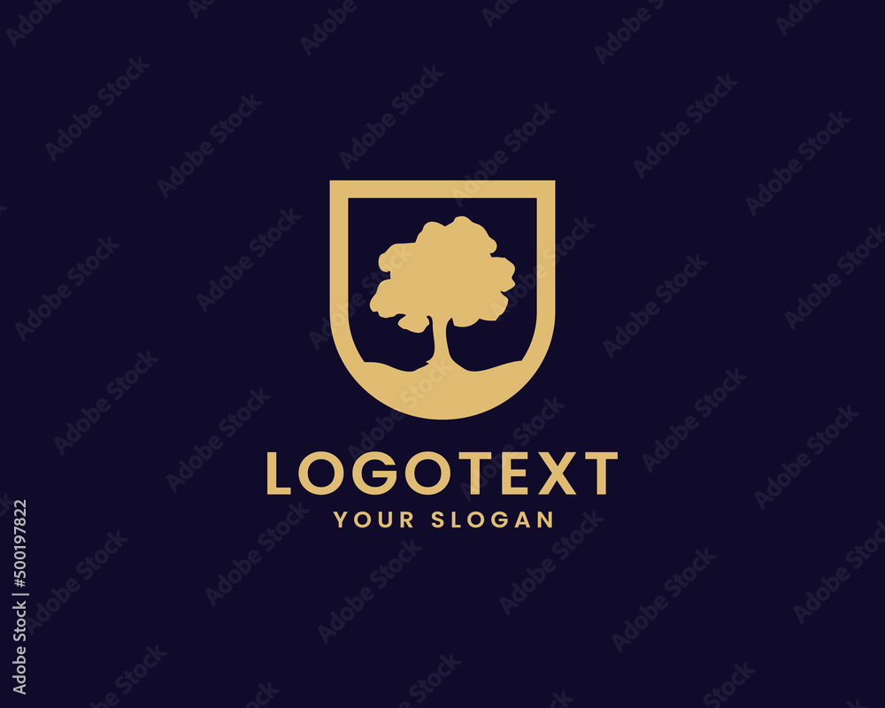 Fototapeta premium Tree gold logo with shield for logo company