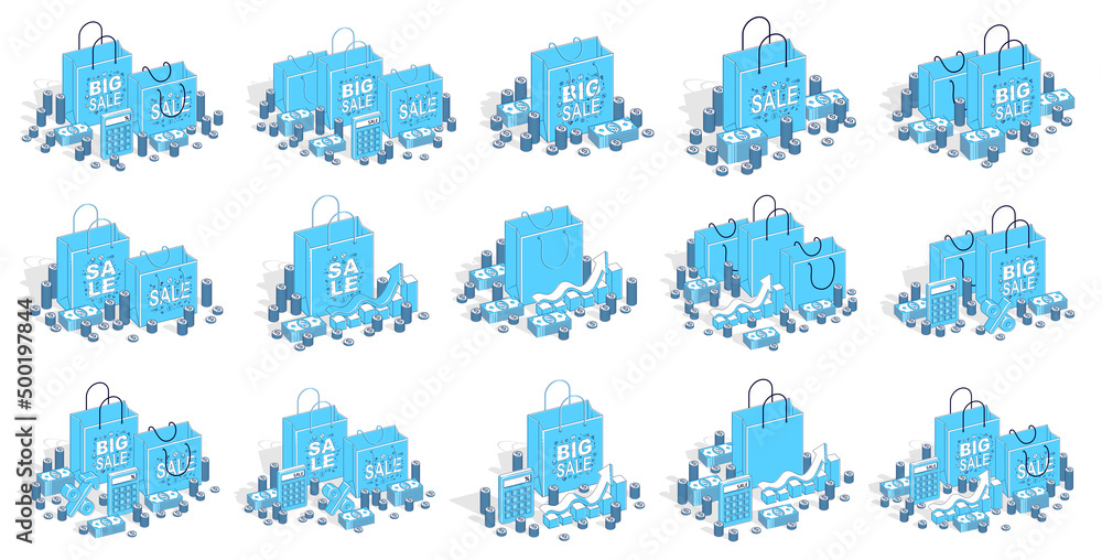 Shop retail sale vector 3D illustrations set isolated on white background, shopping bags with money and other elements, store discount, Black Friday concept, clearance.