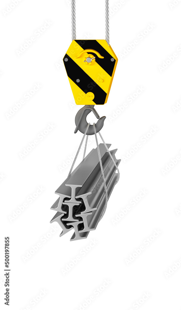 Fototapeta premium Rolled metal products suspended on a crane. 3d render