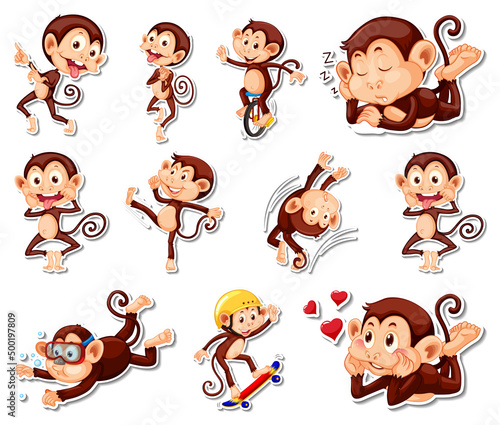 Sticker set of funny monkey cartoon characters