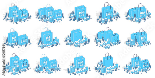 Shop retail sale vector 3D illustrations set isolated on white background, shopping bags with money and other elements, store discount, Black Friday concept, clearance.