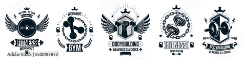 Gym fitness sport emblems and logos vector set isolated with barbells dumbbells kettlebells and muscle body man silhouettes and hands, athletics workout sport club, active lifestyle.