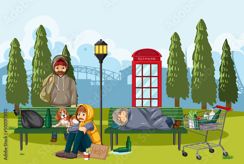 Outdoor scene with homeless people