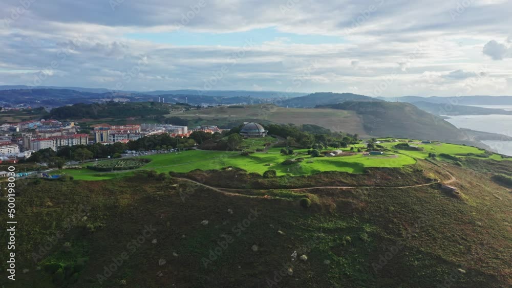 Monte de San Pedro Municipal Park and its atlantic viewpoint dome on a cape. Aerial Monte de San Pedro Municipal Park and its atlantic viewpoint dome on a cape. Aerial