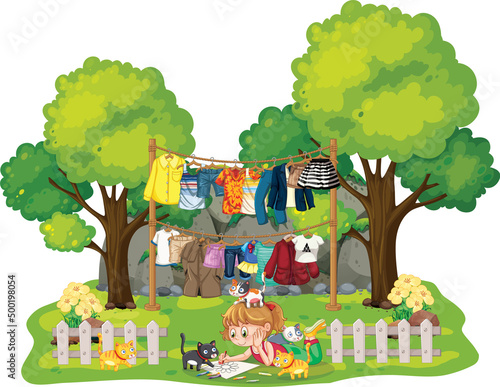 Park scene with girl and cats