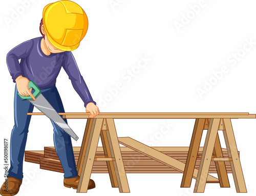 A construction worker cutting wood