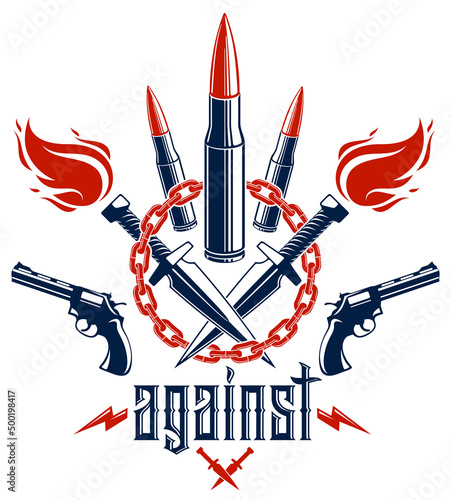 Revolution and War vector emblem with bullets and guns, logo or tattoo with lots of different design elements, riot partisan warrior, criminal and anarchist style, social tension theme.