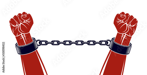 Strong hand clenched fist fighting for freedom against chain slavery theme illustration, vector logo or tattoo, getting free, struggle for liberty.