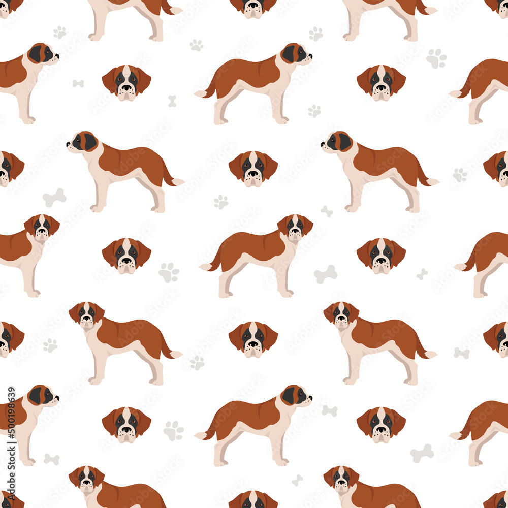 St Bernard shorthaired coat colors, different poses seamless pattern