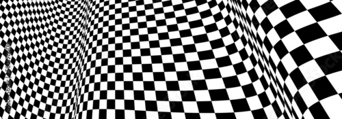 Checker pattern mesh in 3d dimensional perspective vector abstract background, formula 1 race flag texture, black and white checkered illustration.