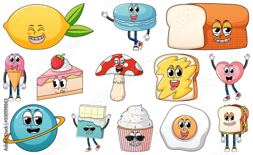 Set of facial expression with vintage style food cartoon on white background