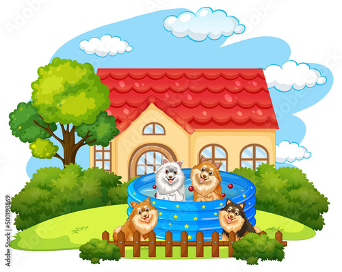 Many dogs playing outside the doghouse