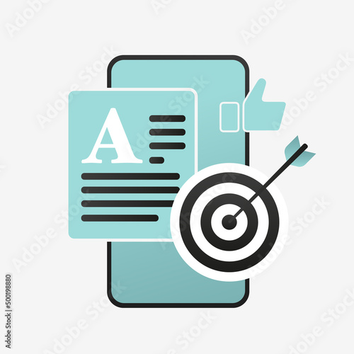 Relevant and high-quality advertising text with an exact hit on the target audience. Positive feedback on the content correctly targeted and written by copywriter. Icon isolated on white background