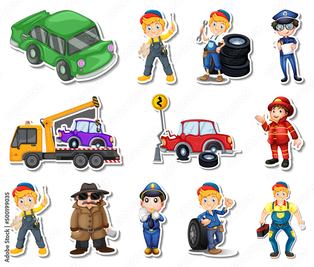 Sticker set of professions characters and objects Sticker set of professions characters and objects
