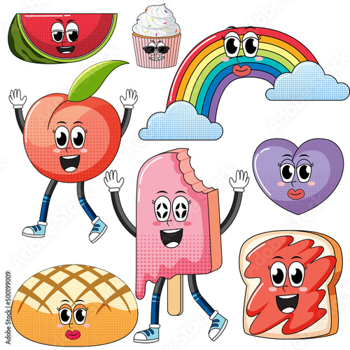 Set of facial expression with vintage style food cartoon on white background