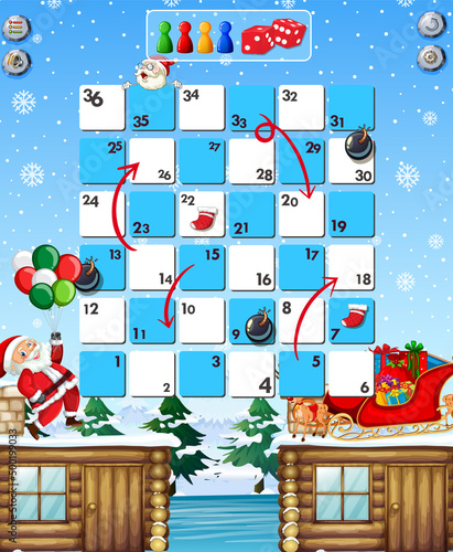 Snake and ladders game template in Christmas theme