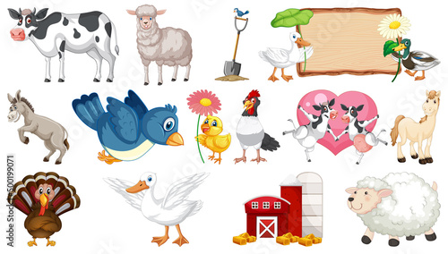 Farm animals and barn